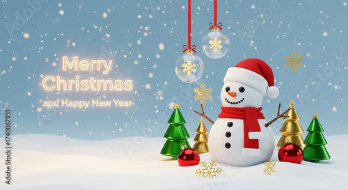 Christmas Greeting  – Snowman, Festive Trees & Ornaments, Cinematic Snowfall