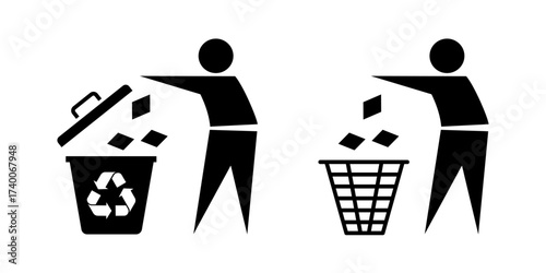 Flat vector icons showing trash throwing into bin recycling symbol