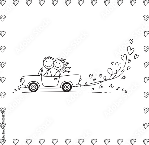 Couple's Love Ride: A charming illustration of a couple joyfully riding in a car with a trail of hearts, embodying love and togetherness and romance.