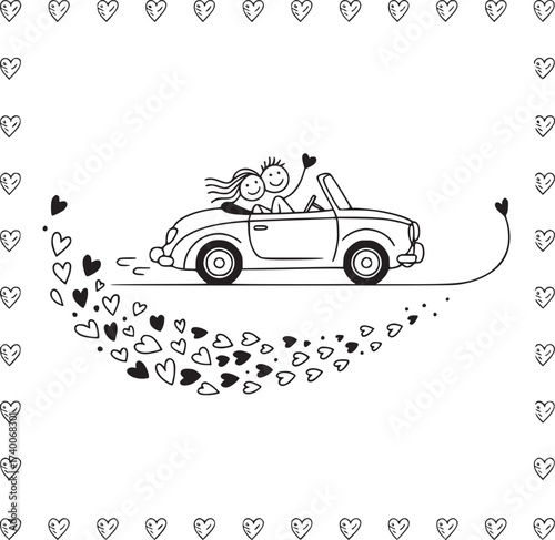 Love on the Road: A charming line-drawn illustration of a couple cruising in a vintage convertible, accompanied by a trail of hearts, embodies the joy of love and adventure. 
