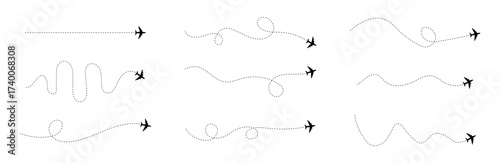 Airplane silhouettes with dotted flight paths in minimal vector style