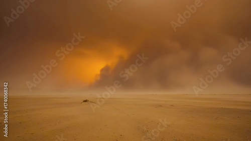Powerful Dust Storm Sweeps Across Arid Desert Landscape at Sunset.