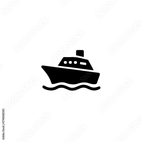 Filled black and white icon of a ship on waves - symbol of sea travel, cruises and vacations, on a white background.