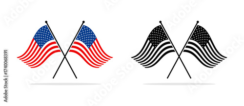 American flags on poles crossed colored and black vector flat icons