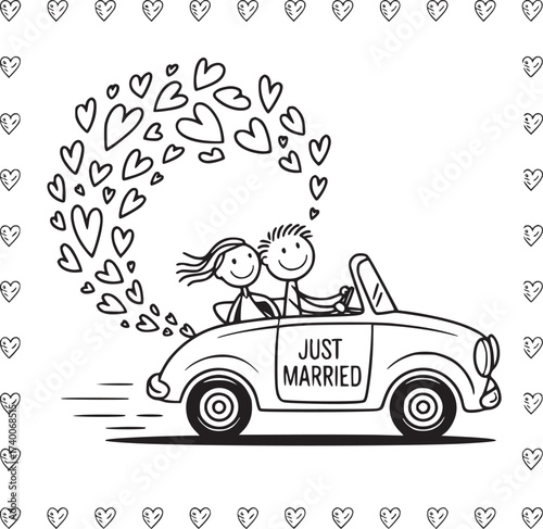 Just Married Couple in Car: An endearing doodle captures a newlywed couple, joyfully riding in a vintage car adorned with a 'just married' sign, symbolizing new beginnings with heart-shaped balloon.