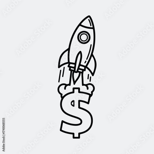 Silhouette rocket launching from dollar sign upward trending line art vector illustration