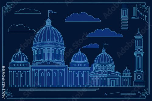 Blue Architectural Blueprint of Government Buildings with Domes and Towers