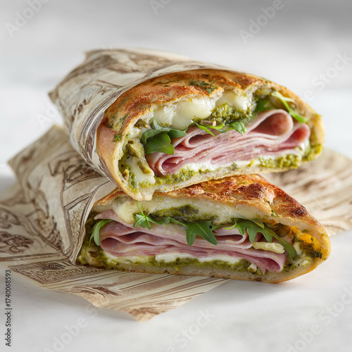 A professional food product photo of a gourmet stuffed focaccia sandwich, sliced in half to reveal layers of mortadella, arugula, pistachios, creamy cheese spread, and green pesto, partially wrapped i