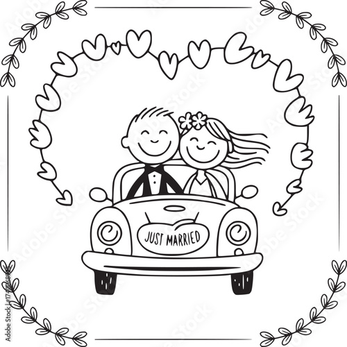 Just Married, Love's New Ride: A whimsical illustration capturing a newlywed couple's joy as they embark on their journey together in a charming vintage car, a heart-filled celebration.