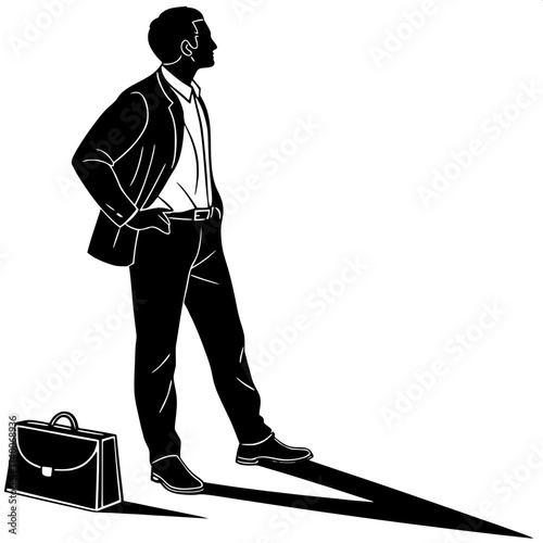 “Flat illustration of a lone businessman silhouette standing confidently with hands on hips. A briefcase rests at his side. Black and white only, high-contrast minimalism.”