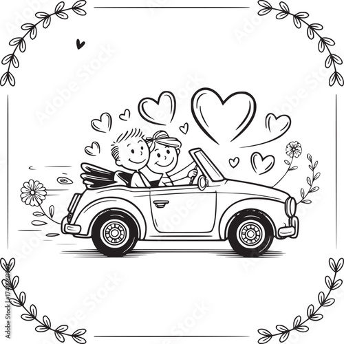 Love on the Road: A hand-drawn illustration showcases a joyful couple, embracing as they cruise in a classic convertible. The illustration captures the romance of a couple driving with hearts.