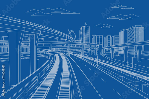 Blueprint of a futuristic city with highway overpasses and buildings