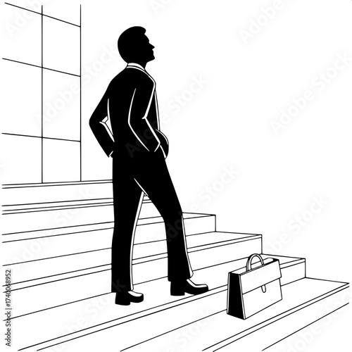 “Flat illustration of a lone businessman silhouette standing confidently with hands on hips. A briefcase rests at his side. Black and white only, high-contrast minimalism.”
