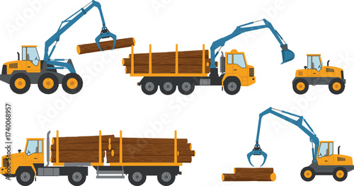 Heavy logging trucks and forestry excavators loading timber logs with machinery, wood transportation equipment, industrial lumber vehicles, construction transport illustration