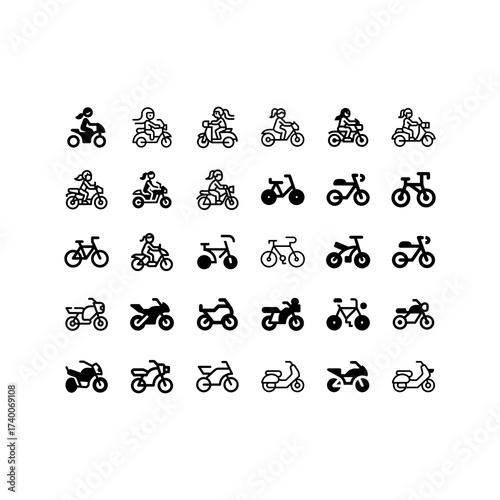 Collection of diverse motorcycle silhouettes in a grid pattern representing various styles and eras of bikes