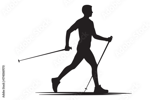 Nordic Walking silhouette. Vector Black silhouettes. with white background