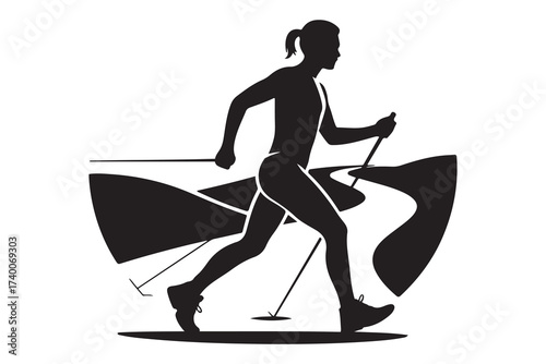 Nordic Walking silhouette. Vector Black silhouettes. with white background