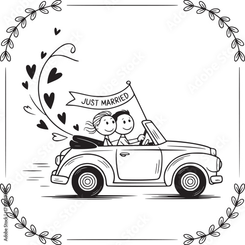 Just Married Couple's Joyride: A whimsical illustration depicts a newlywed couple in a vintage car, joyfully celebrating their union with a banner declaring Just Married.