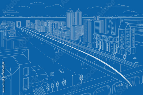 Blueprint style illustration of a modern cityscape with elevated train line