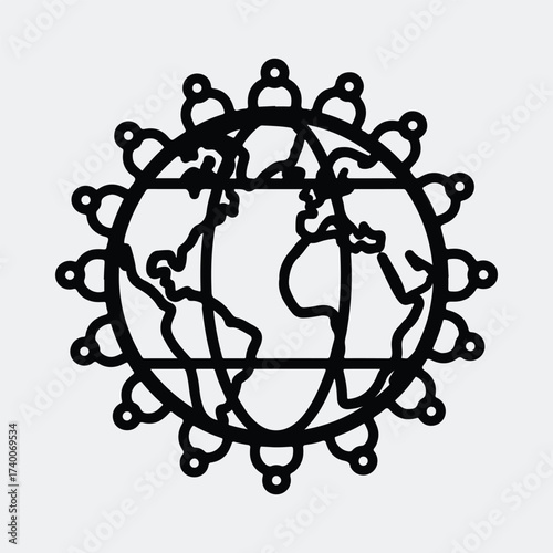 Silhouette world globe surrounded by diverse people community line art vector illustration