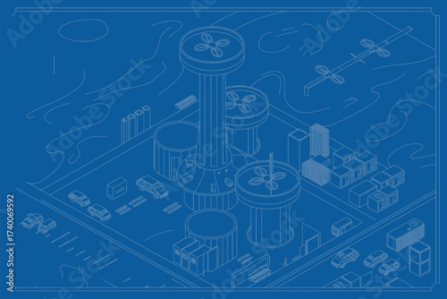 Blueprint style isometric illustration of a futuristic sustainable energy city