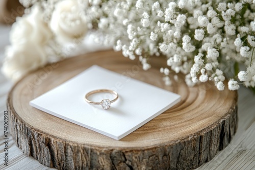 Diamond ring on white stand. Wooden tray with flowers and jewelry