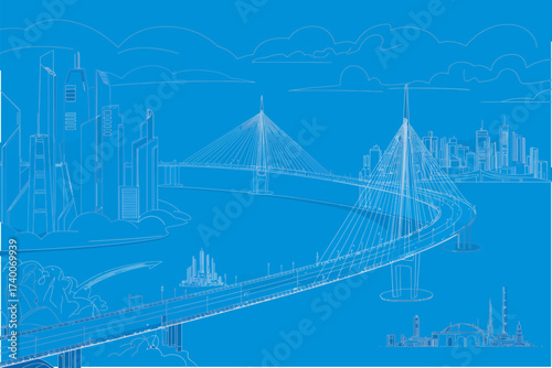 Cityscape blueprint with bridges and skyscrapers on a blue background