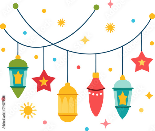 Bright festive garland with lanterns and stars isolated on white background, Ramadan decorative lights garland with lanterns vector, Eid celebration hanging lanterns and stars illustration