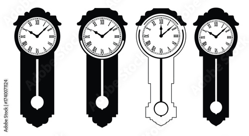 Four antique wall clocks displayed in varying shades of black and white