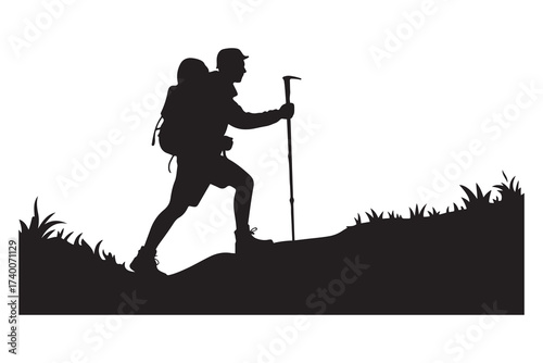Man hiking with stick. Vector Black silhouettes. with white background