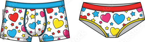 Colorful Heart and Star Patterned Men’s Boxer Shorts and Women’s Panties, Fun, Playful, Bright, Comfortable, Casual, Trendy, and Stylish Vector Illustration
