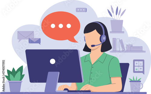 Illustration of a woman working as a customer service representative online