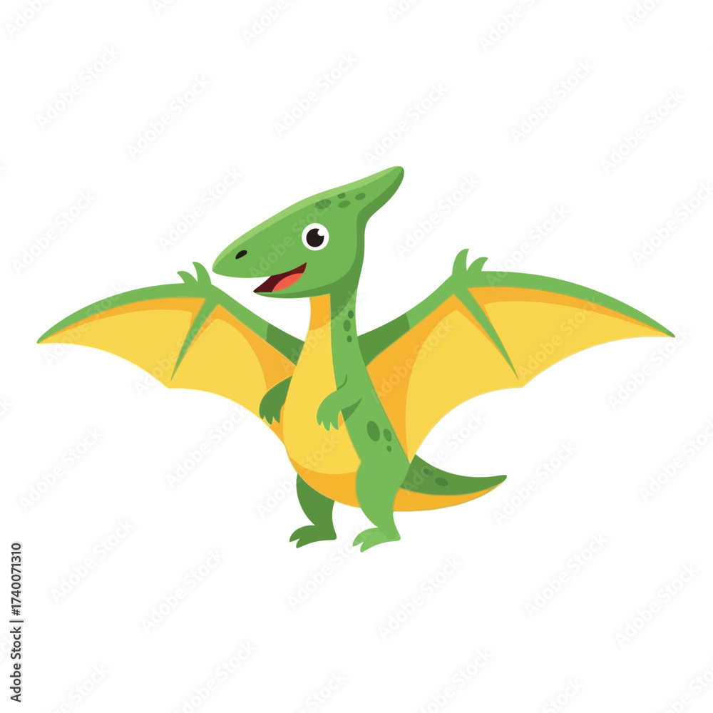 Fototapeta premium Cute cartoon green pterodactyl with yellow wings standing and smiling, isolated on a white background, perfect for children's designs.