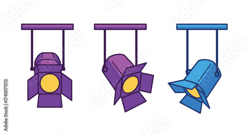Three stage spotlights hanging from the ceiling purple and blue lights