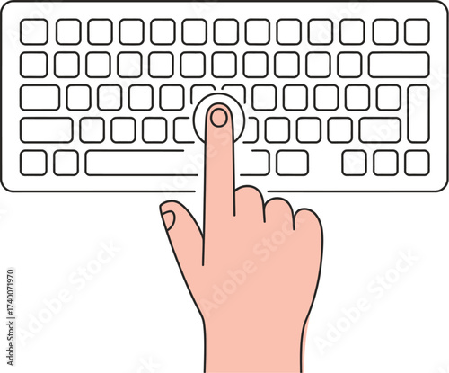 Hand pressing a key on a white keyboard, isolated on white background