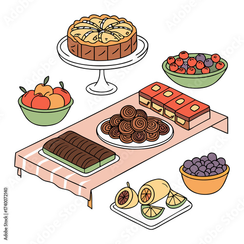 Eid feast table with sweets and fruits isolated on white background, Ramadan feast with traditional sweets and fruits vector, Islamic festive food table illustration for Eid celebration