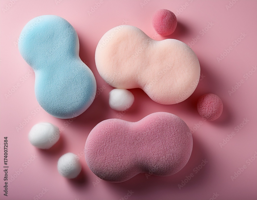 Obraz premium pastel fluffy sponges on pink background