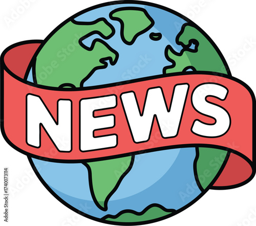 World news illustration with the globe and banner isolated on white background