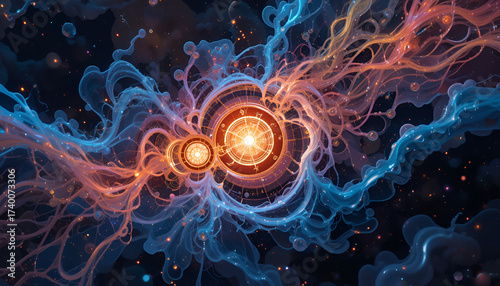 Stunning cosmic nebula with radiant stars and swirling energy fields, perfect for science, technology, or creative projects needing a futuristic, ethereal touch.