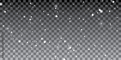 Realistic snow fallen on dark transparent background. Abstract dust particles, white confetti winter png bg. Christmas wallpaper poster elements, flyer, new year card, realistic vector snow powder.