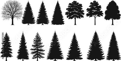 PrintBlack tree silhouettes collection, isolated vector icons, pine trees, bare trees, deciduous trees, evergreen trees, forest design elements, nature graphic illustrations