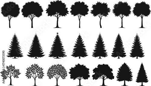 PrintBlack tree silhouettes collection, isolated vector icons, pine trees, deciduous trees, Christmas tree shapes, nature illustration, forest graphic elements, design resources