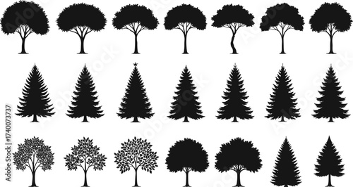PrintBlack tree silhouettes collection, isolated vector tree icons, pine trees, deciduous trees, Christmas tree shapes, nature illustration, forest design elements