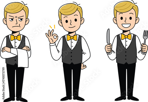 Cartoon waiter character, restaurant service illustration, hospitality staff vector, waiter with gestures, smiling server, holding cutlery, professional dining, food service worker design, uniform