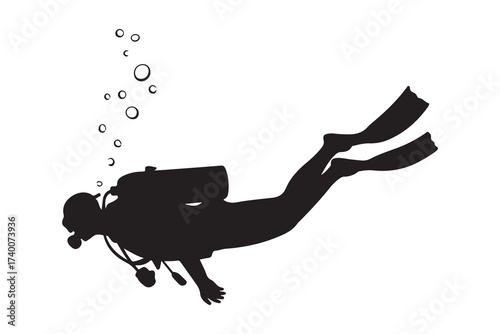 Scuba diving silhouette. Vector Black silhouettes. with white background