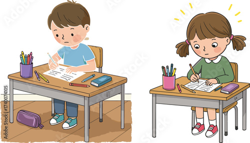 PrintCartoon children studying at school desk with books, writing homework, classroom learning, education concept, students doing schoolwork illustration