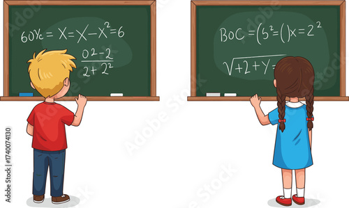 PrintCartoon children studying at school desk with open books, classroom education, kids reading, learning activity, students enjoying knowledge, educational illustration