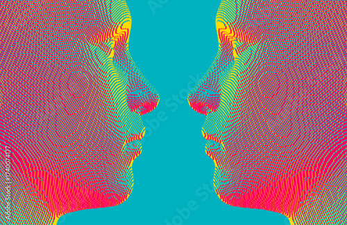 People facing each other. Digital head. Dialogue, contact, conversational exchange between two individuals. Voxel art. 3D vector illustration for a banner, poster, cover, or brochure.