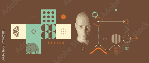 Discovery, studying and learning concept. Time to think. Man scientist thinking. Art composition. Cover design template. Geometric pattern. Collage. Vector for brochure, flyer, poster or banner.