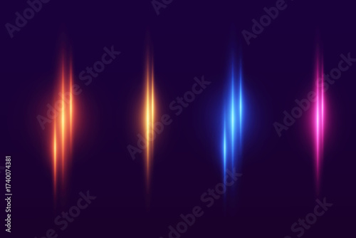 Collection of glowing vertical neon lines, light effect.